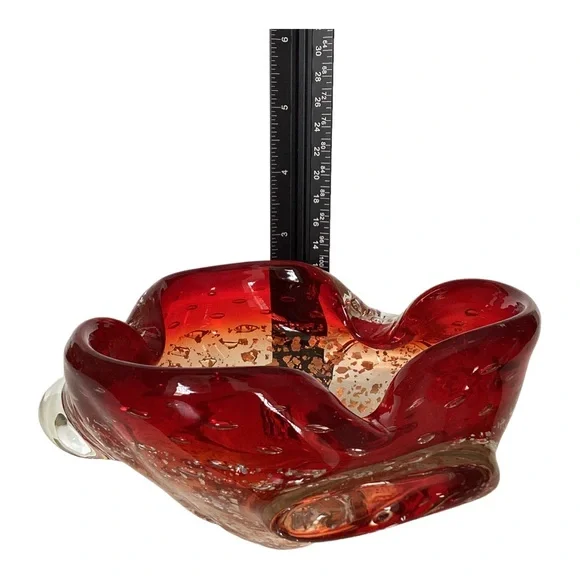 Murano Venetian Art Glass Bowl Hand Blown Red And Gold Flecks Italy MCM Vintage - Picture 15 of 16